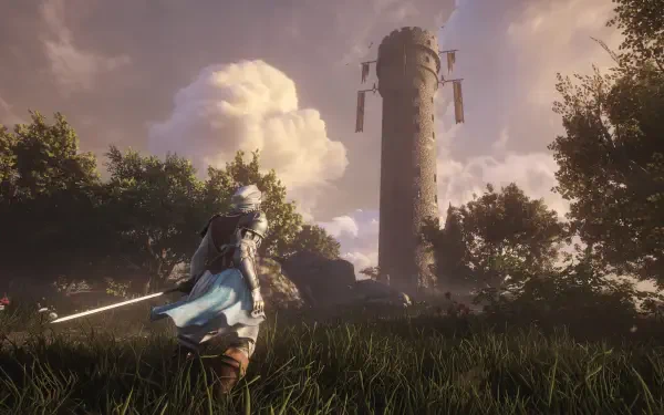 Soulframe video game 4K Ultra HD PC desktop wallpaper/background: armored warrior with glowing sword in tall grass gazes toward a crumbling tower beneath dramatic clouds.