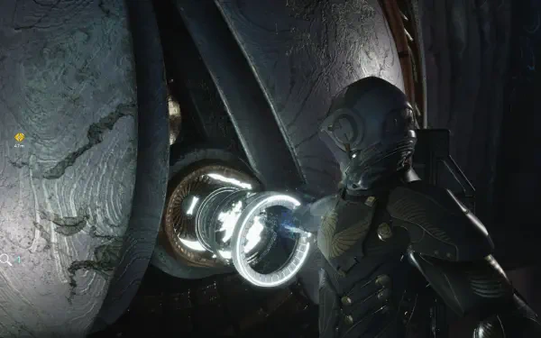 HD PC desktop wallpaper from video game Exodus (2027): armored astronaut in a dark suit inspects a glowing circular device set against a textured metallic wall.