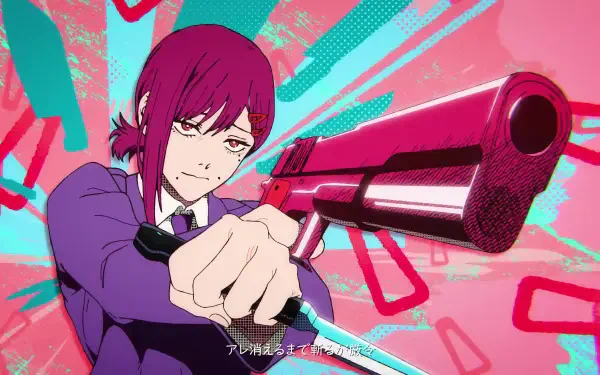 Anime — Kobeni Higashiyama from Chainsaw Man aims a large handgun against a vibrant pink and teal burst — 4K Ultra HD PC desktop wallpaper background.