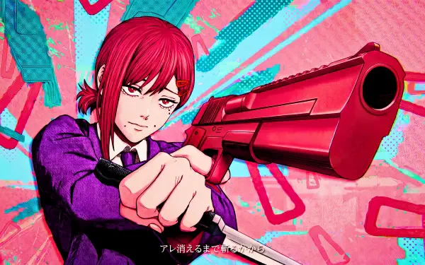 Kobeni Higashiyama from Chainsaw Man Mobile Game, anime waifu aiming a giant red shotgun against vibrant neon patterns — 5K Ultra HD PC desktop wallpaper background.