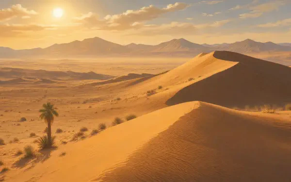 Sahara sand dunes bathed in golden sunset, a lone palm and distant mountains — 4K Ultra HD PC Desktop Wallpaper and Background.