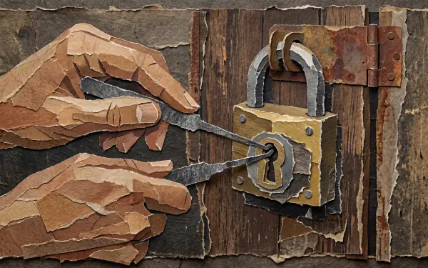 Stylized collage of hands picking an old padlock with picks — lockpicking 5K Ultra HD PC desktop wallpaper and background