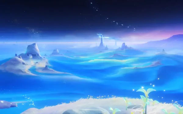 4K Ultra HD PC desktop wallpaper of Genshin Impact Luna VIII: stylized moonlit seascape with glowing blue waves, distant spire, and delicate foreground flora in serene video game art.