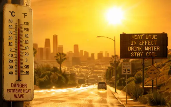 4K Ultra HD PC desktop wallpaper/background: summer city street in a heatwave; thermometer shows extreme heat and a digital sign warns HEAT WAVE IN EFFECT — DRINK WATER, STAY COOL.