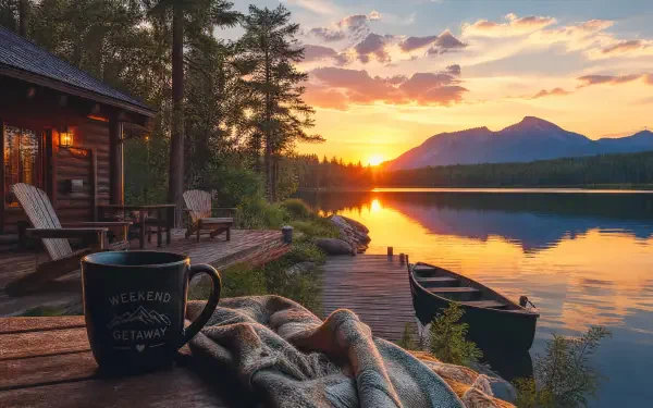 Weekend getaway — 4K Ultra HD PC desktop wallpaper and background: sunset over a tranquil lake with a cabin, wooden dock, canoe, blanket and mug reflecting on glassy water and distant mountains.