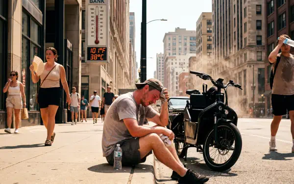 Heatwave — 5K Ultra HD PC Desktop Wallpaper and Background: sweltering city street, exhausted man sitting by a motorcycle, steam rising and a digital heat readout.