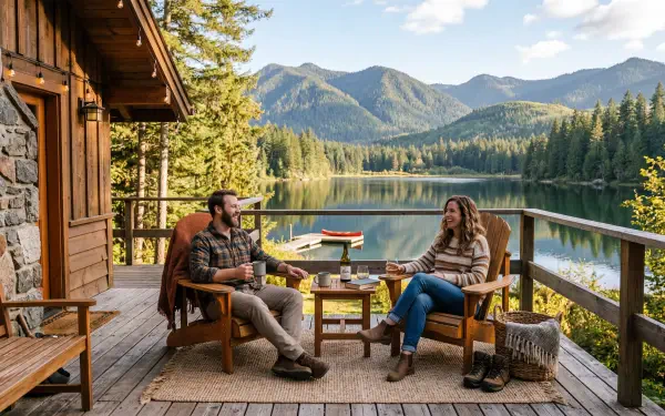 Couple on a rustic cabin deck by a mountain lake, enjoying a weekend getaway — 5K Ultra HD PC desktop wallpaper and background.