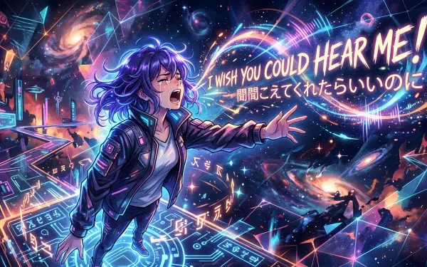 5K Ultra HD PC wallpaper: crying anime figure in neon cyberpunk space, reaching out beneath glowing text I wish you could hear me.