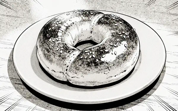 Monochrome sketch of a sesame bagel on a plate with radiating ink lines — 4K Ultra HD PC desktop wallpaper and background.
