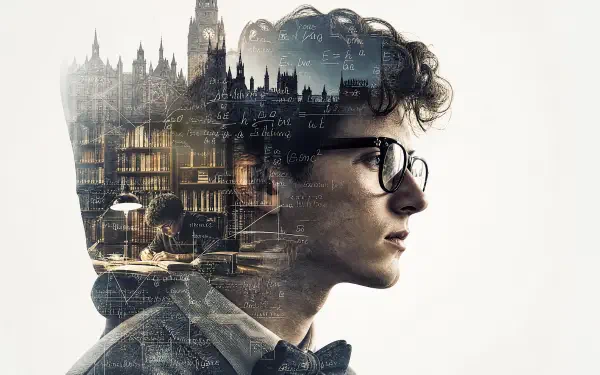 4K Ultra HD PC desktop wallpaper: nerd profile — bespectacled young man in bow tie with double-exposure of a London skyline, clocktower and chalked formulas.