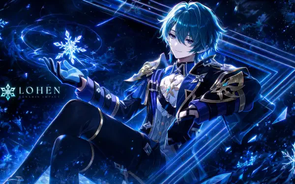 Lohen (Genshin Impact) bathed in blue crystal light, surrounded by glowing sigils and snowflakes — vibrant 4K Ultra HD PC desktop wallpaper and background.