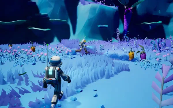 4K Ultra HD PC desktop wallpaper and background from the video game Starseeker: Astroneer Expeditions — two astronauts in suits explore a purple, bioluminescent alien landscape.