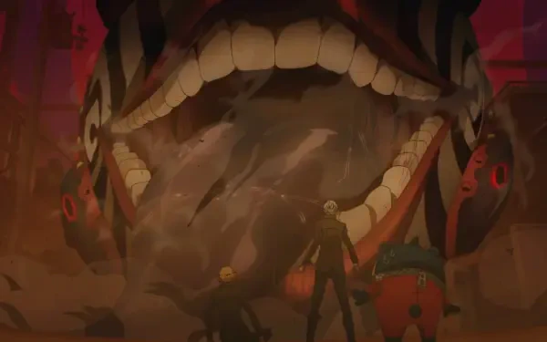 4K Ultra HD PC desktop wallpaper from the video game Persona 4 (Persona 4 Revival): two protagonists confront a massive gaping demon mouth amid crimson, shadowy ruins.