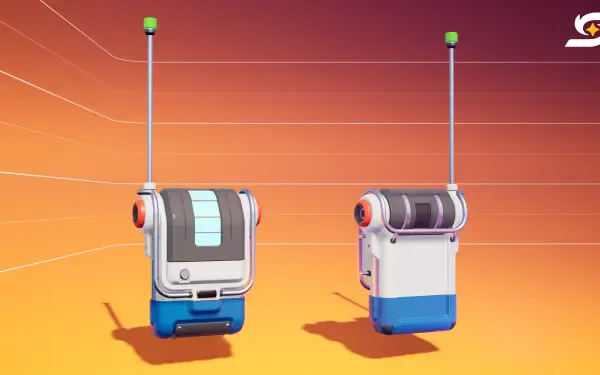 Video game 4K Ultra HD PC desktop wallpaper for Starseeker: Astroneer Expeditions — two compact beacon units with tall antennas standing on an orange gradient background, clean sci‑fi design.