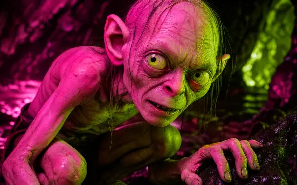 4K Ultra HD PC desktop wallpaper/background of Gollum crouched in a dark cave, gaunt pale skin and bulging eyes lit by eerie pink and green highlights.