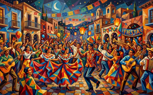 Vibrant fiesta street scene of dancers, guitarists, papel picado and lanterns under a moonlit sky — colorful 5K Ultra HD PC desktop wallpaper and background.
