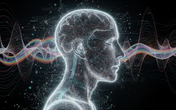 4K Ultra HD PC desktop wallpaper: glowing wireframe human head with illuminated brain circuitry and colorful waveform streams symbolizing mind upload and digital consciousness on a dark background.