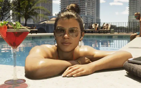4K Ultra HD PC desktop wallpaper/background of Lucia Caminos from the video game Grand Theft Auto VI: she lounges at a sunlit pool edge wearing sunglasses with a cocktail nearby.