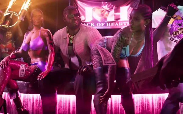 4K Ultra HD PC desktop wallpaper/background of Grand Theft Auto VI: Boobie Ike seated between dancers in a neon-pink nightclub, cash, drinks and a sultry club atmosphere.