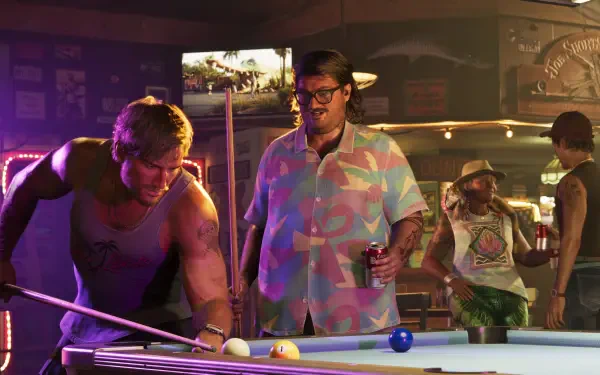 Grand Theft Auto VI 4K PC wallpaper: Cal Hampton in a pastel shirt holding a drink watches a man take a pool shot in a neon-lit bar while onlookers crowd the scene.