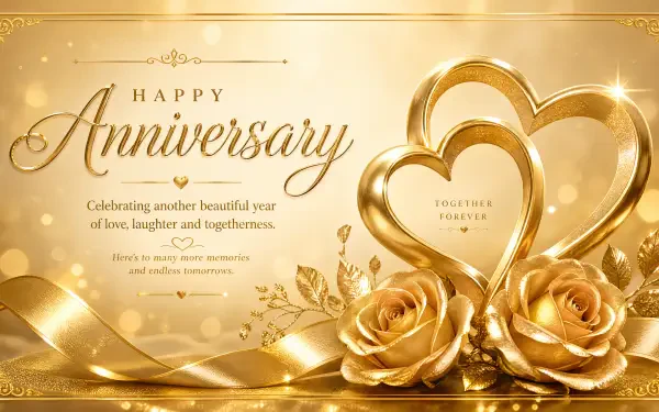 4K Ultra HD PC desktop wallpaper — golden anniversary design with intertwined gold hearts, ribbon and roses, Happy Anniversary and Together Forever script on a luminous gold background.