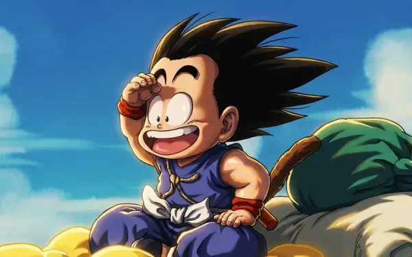 HD PC desktop wallpaper/background: Dragon Ball kid Goku anime — cheerful young Goku with his tail sitting on a cloud against a bright blue sky