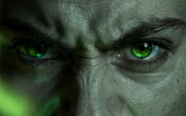 Close-up of angry eyes—intense green irises, furrowed brow and weathered skin; high-detail 4K Ultra HD PC desktop wallpaper background.
