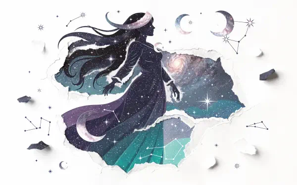 Cosmic goddess silhouette with flowing hair and a star-filled gown revealing galaxies, moons and constellations — 4K Ultra HD PC desktop wallpaper.