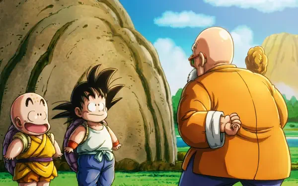 HD anime desktop wallpaper from Dragon Ball: young Goku and Krillin smile at Master Roshi against grassy hills and a bright blue sky.