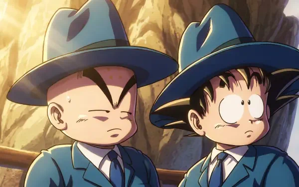 Dragon Ball HD PC wallpaper: kid Goku and Krillin in matching blue suits and hats, anime-style against rocky cliffs.