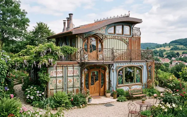 5K Ultra HD PC desktop wallpaper of a whimsical container house with ornate wooden trim, lush flowering garden, wrought-iron balcony, and rolling hills under a bright sky.