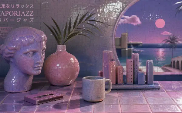 Vaporjazz 4K Ultra HD PC desktop wallpaper: pastel-retro scene with a classical bust, vase and mug on tiled table, miniature neon city by arch framing pink moon over ocean.