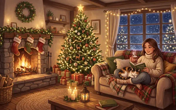 Cozy Christmas living room scene — 5K Ultra HD PC desktop wallpaper: woman reading on sofa with cat, lit tree, stockings, fireplace and presents by a snowy window.