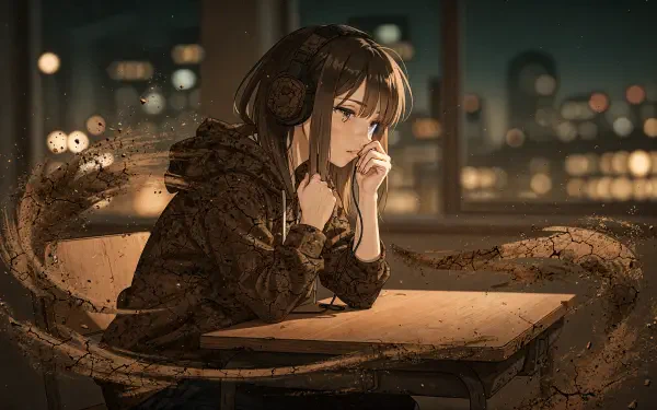 Sad lofi girl in headphones at a desk by a rainy city window, pensive expression and glowing skyline — 4K Ultra HD PC desktop wallpaper.