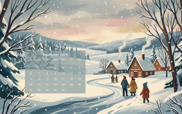 December 2026 calendar 5K Ultra HD PC desktop wallpaper and background: snowy village with cottages, smoke curling from chimneys, family walking on a winding road under falling snow.