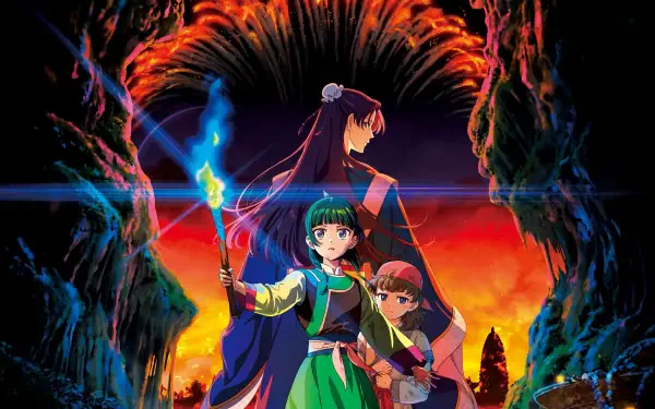 2K Quad HD PC desktop wallpaper of The Apothecary Diaries anime: Maomao and Jinshi stand before a fiery cave portal, Maomao holding a glowing blue potion as a silhouetted figure looms above.