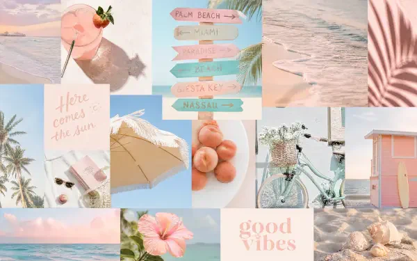 Pastel summer 4K Ultra HD PC desktop wallpaper: soft pink and blue collage of beach scenes, palm leaves, umbrella, ice cream, bicycle, peaches, hibiscus and good vibes sign.