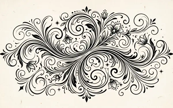 Artistic vector flourish of ornate black swirls, flowers and stars on a light background — 5K Ultra HD PC desktop wallpaper and background.