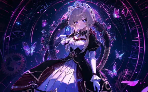 Sandrone (Genshin Impact) in gothic maid attire amid glowing purple butterflies and clockwork sigils — 4K Ultra HD PC desktop wallpaper and background.