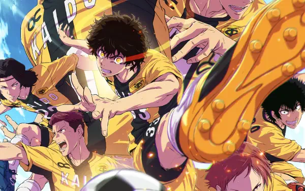 Aoashi anime HD PC desktop wallpaper/background: energetic soccer team in yellow kits diving toward a ball in a vibrant, action-packed scene.