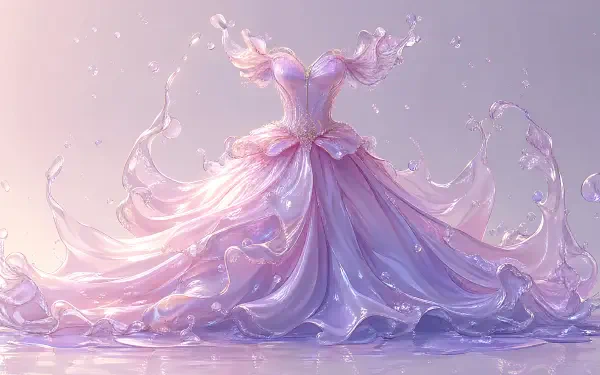 4K Ultra HD PC desktop wallpaper background of a pastel pink-lavender princess dress with ornate bodice, flowing, water-like skirts and sparkling droplets.