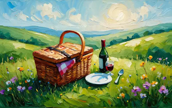 5K Ultra HD PC desktop wallpaper and background: painted picnic basket with wine, glass, plate and spoon amid wildflowers on sunlit rolling hills.