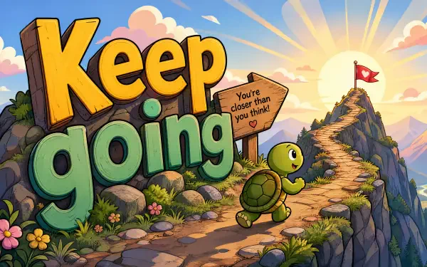 Cartoon turtle climbing a sunlit mountain path under giant Keep going letters and a You're closer than you think sign — 4K Ultra HD PC desktop wallpaper background.