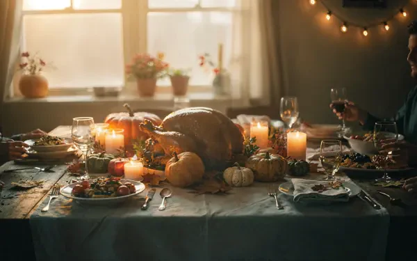 Aesthetic Thanksgiving 4K Ultra HD PC desktop wallpaper — warm candlelit table with roasted turkey, pumpkins, wine glasses and soft string lights by a window, cozy harvest dinner scene.