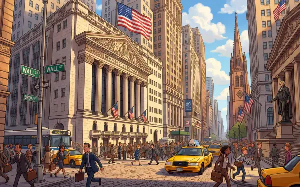Vibrant Wall Street illustration: NYSE façade, American flag, busy pedestrians and yellow taxis — 5K Ultra HD PC desktop wallpaper and background.