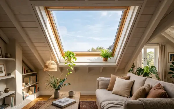Cozy attic living room with a large skylight showing blue sky, houseplants, sofa and books — 5K Ultra HD PC desktop wallpaper and background.