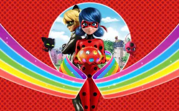 Miraculous Ladybug 4K Ultra HD PC desktop wallpaper: Ladybug center holding a glowing Miraculous, Cat Noir and kwamis nearby, rainbow ribbons sweeping over a red polka-dot city backdrop.
