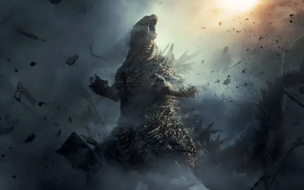 Godzilla Minus Zero towering amid stormy clouds and flying debris, radiant backlight — 4K Ultra HD PC desktop wallpaper and background.