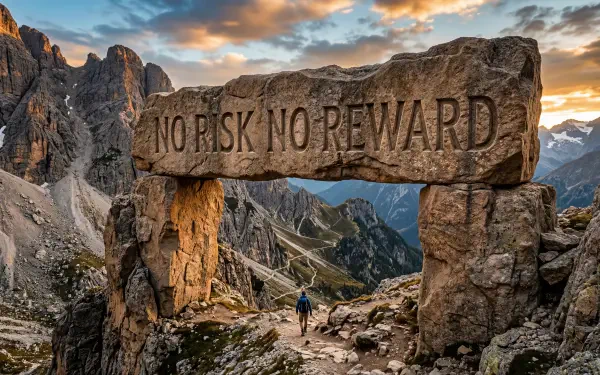 5K Ultra HD PC desktop wallpaper and background of a lone hiker beneath a stone arch engraved NO RISK NO REWARD, framed by jagged mountain peaks, glowing sunset clouds, and a deep alpine valley.