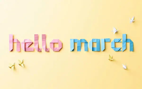 5K Ultra HD PC desktop wallpaper: hello march spelled in pink and blue origami letters on a soft yellow background with small paper cranes.